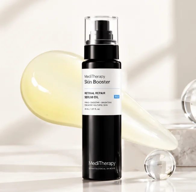 MediTherapy Skin Booster Retinal Repair Serum in a black bottle with a white label, displayed with a translucent liquid drop in the background.
